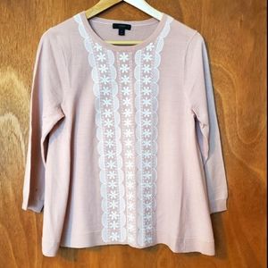 100% merino J Crew pink sweater with lace